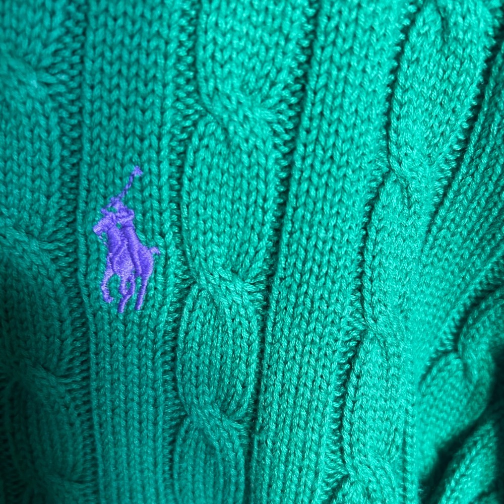 Ralph Lauren Sport Green Cable Knit Full Zip Cotton Sweater XL Purple Pony Logo - Picture 3 of 7